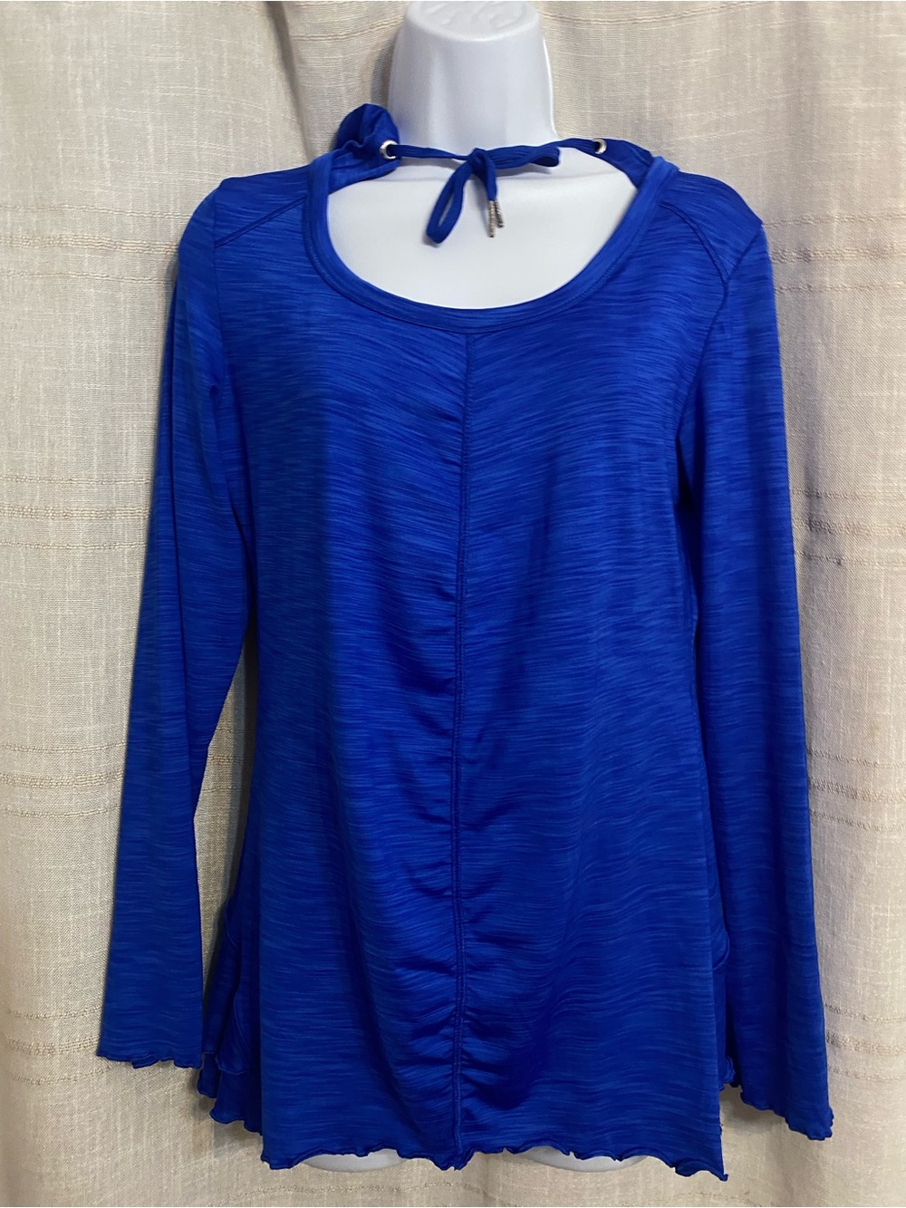 Calvin Klein Performance Blue Space Dye Cutout Hooded Top Ruffle Hem Womens M